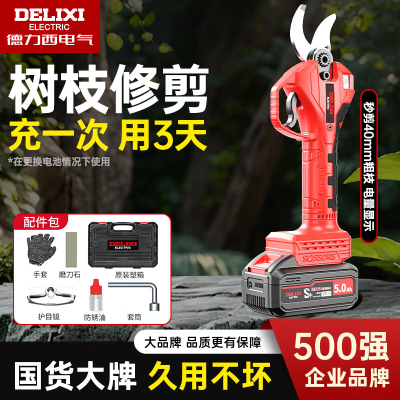 DELIXI gardening pruning electric shears, fruit tree shears, rechargeable branch pruning lithium battery, high-power gardening electric shears, digital display, fruit farmers 2.0Ah brushless economical version 2 electric 1 blade