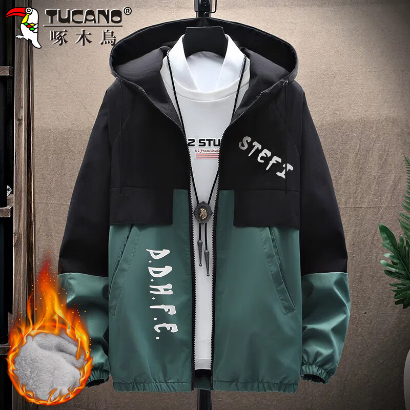 Woodpecker (TUCANO) Jacket Men's Autumn and Winter Work Jacket Men's Korean Style Casual Loose Handsome Men's Clothing Black Gray Velvet 2XL