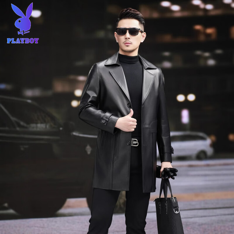 Playboy (PLAYBOY) Spring and Autumn New Men's Genuine Leather Jacket Mid-Length Windbreaker Business Casual Temperament Jacket Korean Slim Coat Black XL 115 Jin-130 Jin