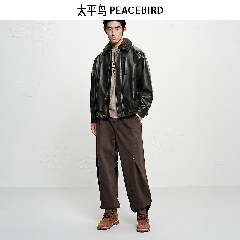 PEACEBIRD Men's Fur Collar PU Leather Jacket 25 Winter New Thick Warm Leather Jacket# Brown First Batch L