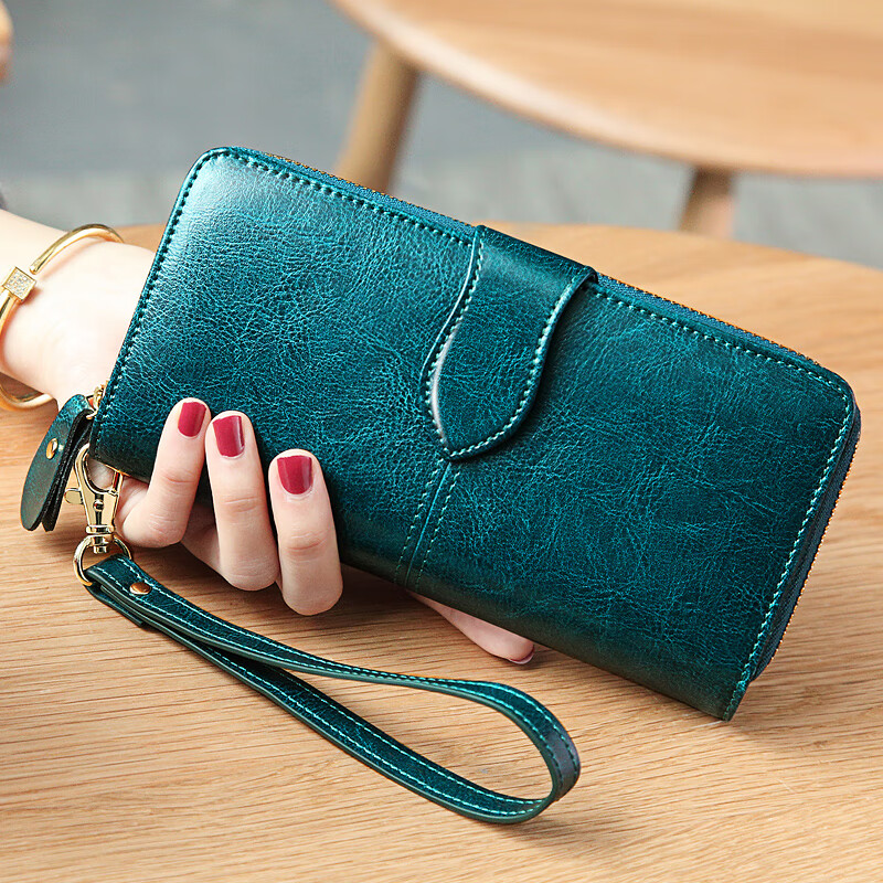 Banyanu 2025 New Women's Wallet Women's Long Version Genuine Leather Wallet Women's Fashion Wallet Large Capacity Clutch Peacock Blue-Anti-theft Brush
