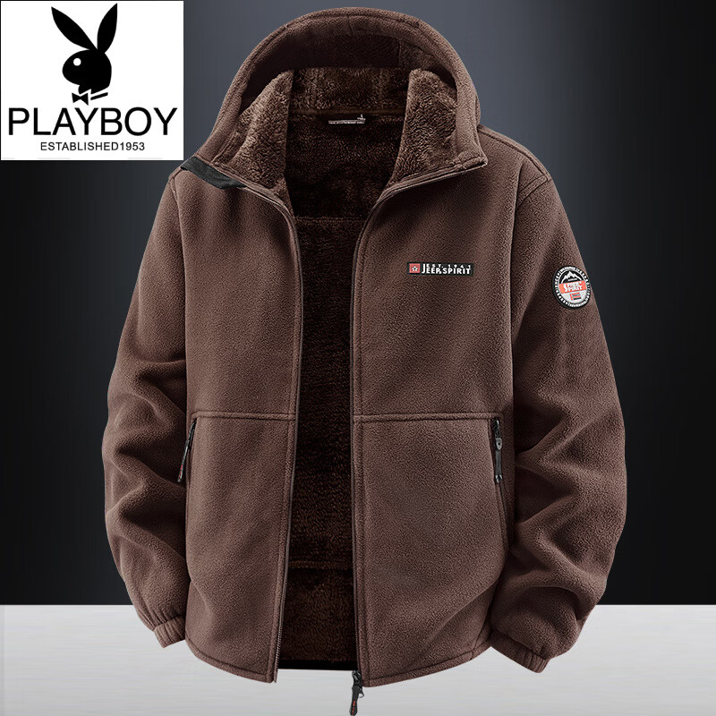 Playboy (PLAYBOY) Polar Fleece L Hooded Jacket Zipper Cardigan Men's Jacket Autumn and Winter Velvet Thickened Sports Fleece Warm Sweater Dark Blue Y710 Hooded Velvet 4XL (Recommended 175-190 catties)