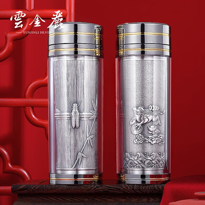 Yunjinli silver water cup 999 pure silver liner for elders silver tea cup New Year gift business men and women thermal insulation snowflake silver cup