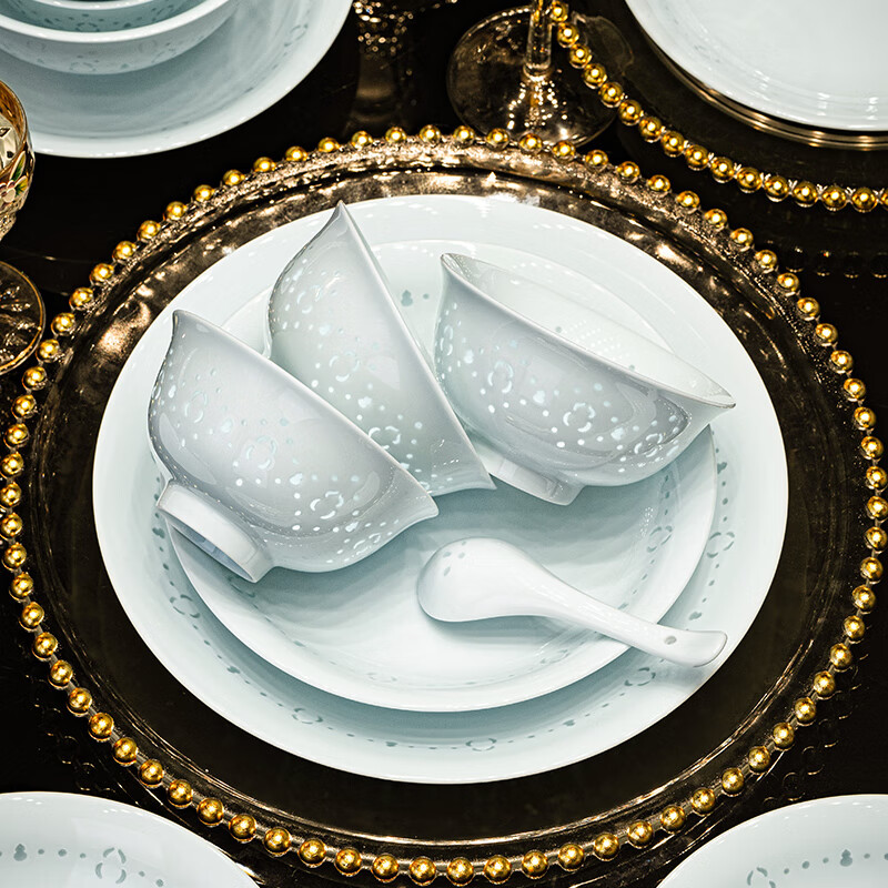 Han Ming Jingdezhen celadon bowl set high-end underglaze color simple housewarming gift tableware thick household bowl and plate set