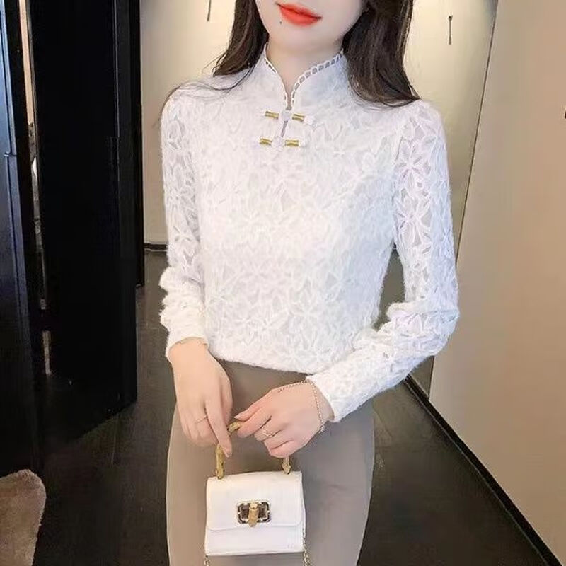 Pierre Cardin lace bottoming shirt for women 2025 autumn and winter new style new Chinese style plus velvet thickened buckle western style inner top for women apricot full body plus velvet S recommended 80-90 pounds