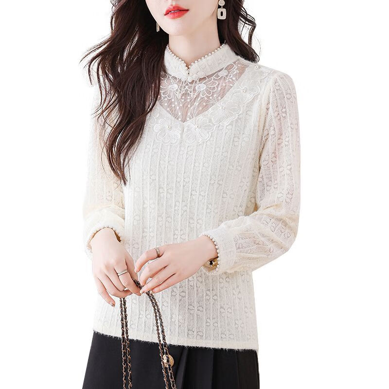 Xia Dian Suding Queen (SE.PSTP) New Chinese Style Stand Collar Long Sleeve Lace Bottoming Shirt Autumn and Winter New Retro Chic Velvet Thickened Inner Top Fashionable Apricot (Fellow) New 2400# Thickened XL 110-120 Jin