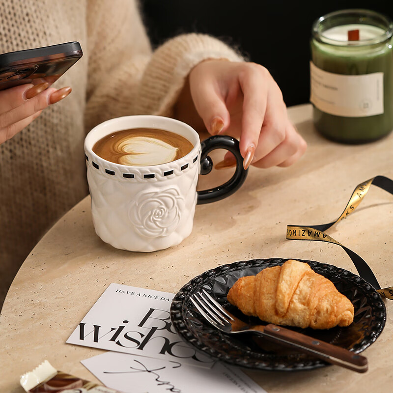 Romance Days small fragrant style coffee cup set, light luxury high-end ceramic cup and saucer gift box, wedding gift for best friend, gift for newlyweds, small fragrant style pair of cup and saucer set, textured white gift box, gift bag