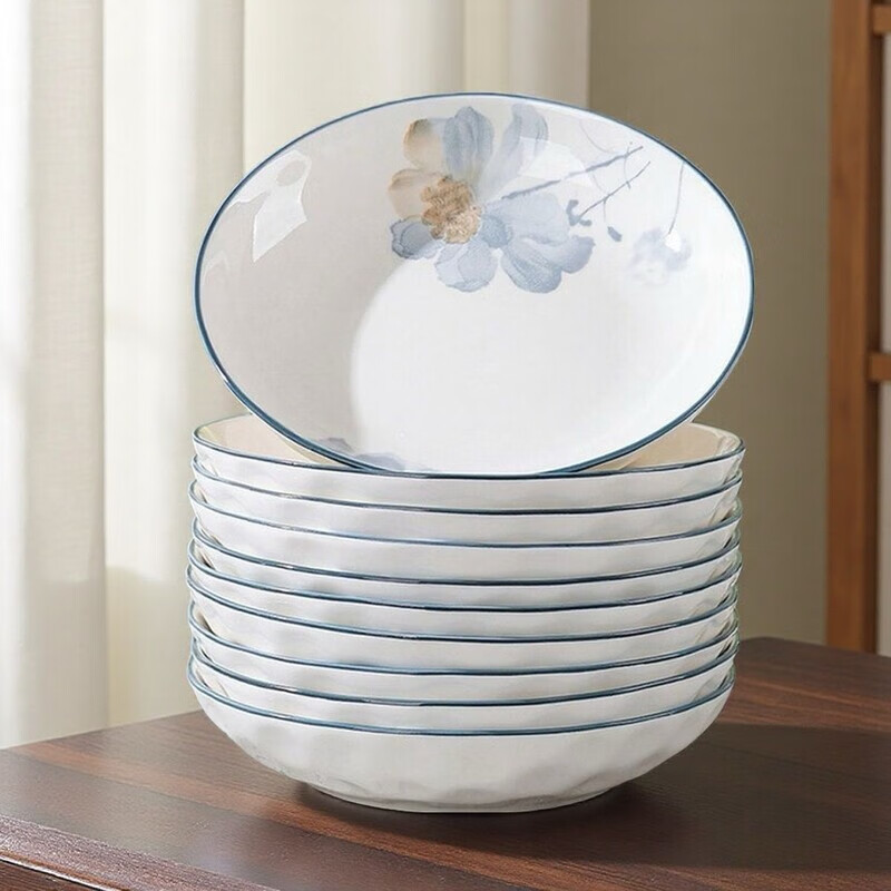 Taixige New High-Looking Exquisite Underglaze Colored Ceramic Tableware Anti-scalding Internet Celebrity Rice Bowl Dinner Plate Thickened New Ceramic Tableware Ningxiang Series Underglaze Colored Ceramic Tableware 6.5-inch Round Plate 10 Pack