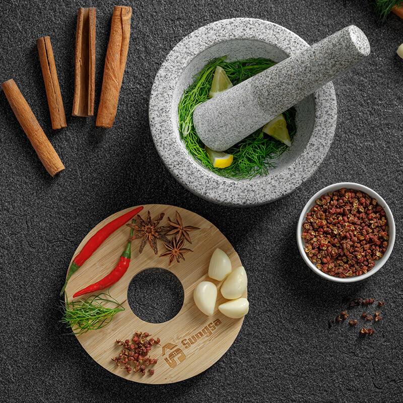 Home KATEI STORY Japanese garlic mash stone mortar granite garlic mortar manual pounding bowl garlic paste Chinese medicine grinder with cover splash-proof and dust-proof granite grinding stone mortar set