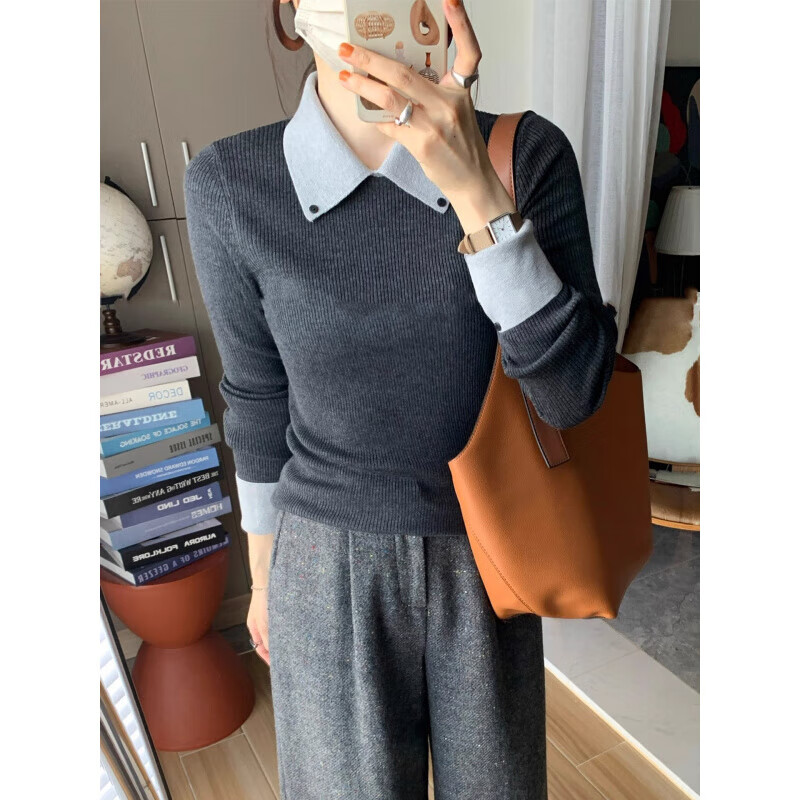 Black Polo collar fake two-piece knitted bottoming shirt for women in autumn and winter, slim-fitting short sweater with elegant long-sleeved top, navy blue, one size fits all