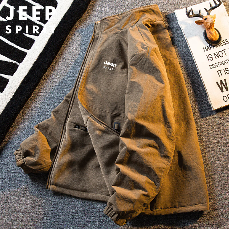 JEEP SPIRIT Jeep plus velvet thickened double-sided jacket men's autumn and winter warm polar fleece stand-up collar jacket camel XL