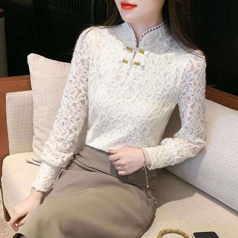 Pierre Cardin lace bottoming shirt for women 2025 autumn and winter new style new Chinese style plus velvet thickened buckle western style inner top for women apricot full body plus velvet S recommended 80-90 pounds