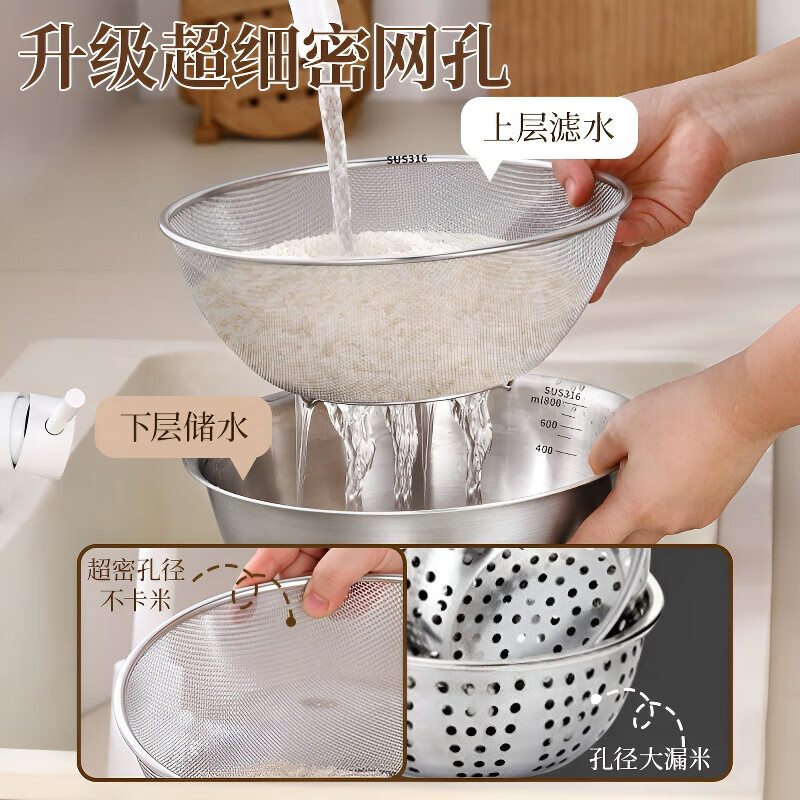 TYZAYR Japanese drain basket 316 stainless steel vegetable basin rice washing sieve rice basin kitchen fruit drain basin water filter food grade 316 steel 28CM drain basket + stainless steel basin
