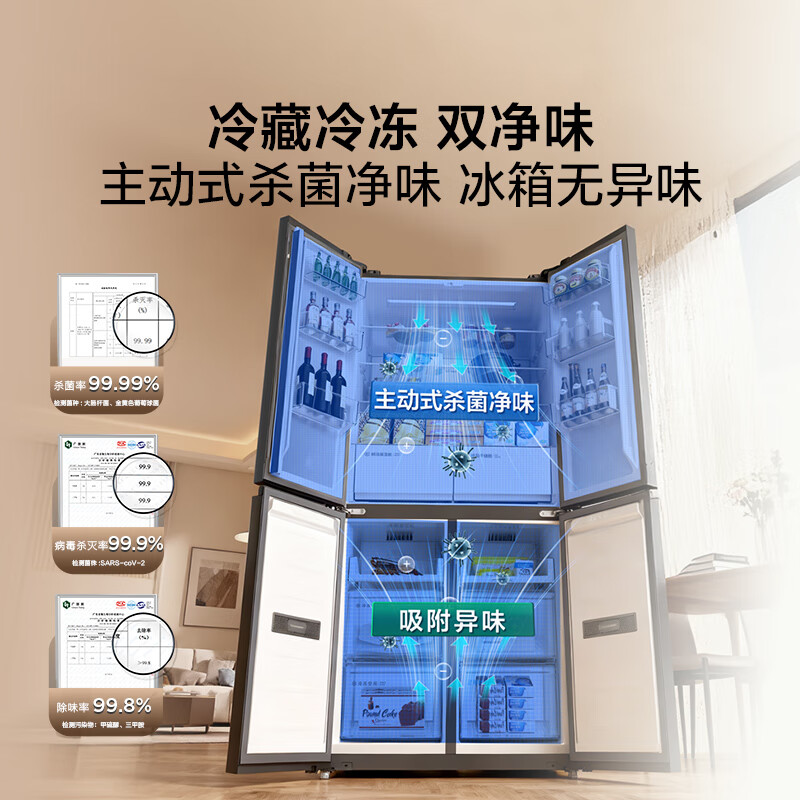 TCL Xiaoqingning 529L cross-door dual-system dual-odor large-capacity wide-width variable-temperature household refrigerator first-class energy efficiency air-cooled frost-free R529V7-US national subsidy