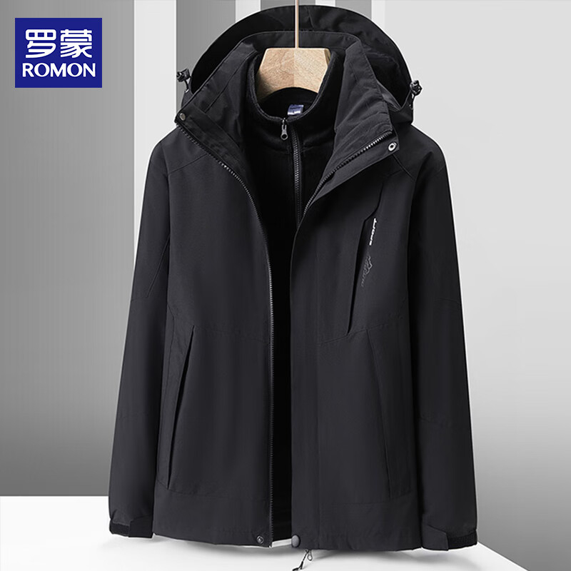 ROMON three-in-one jacket for men and women, autumn and winter outdoor windproof and warm mountaineering jacket, black XL