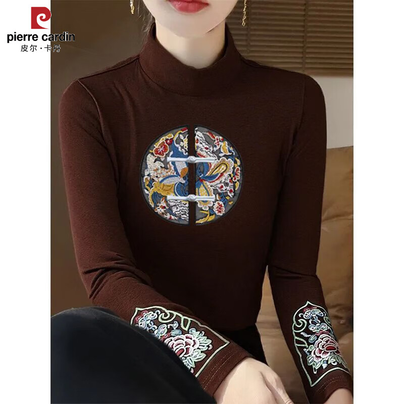 Pierre Cardin Autumn and Winter Half Turtle Collar German Velvet Bottoming Shirt for Women Retro Ethnic Style Long Sleeve Chinese T-shirt National Style Embroidery Warmth 2026 Apricot Solid Color XL 115-130 Jin