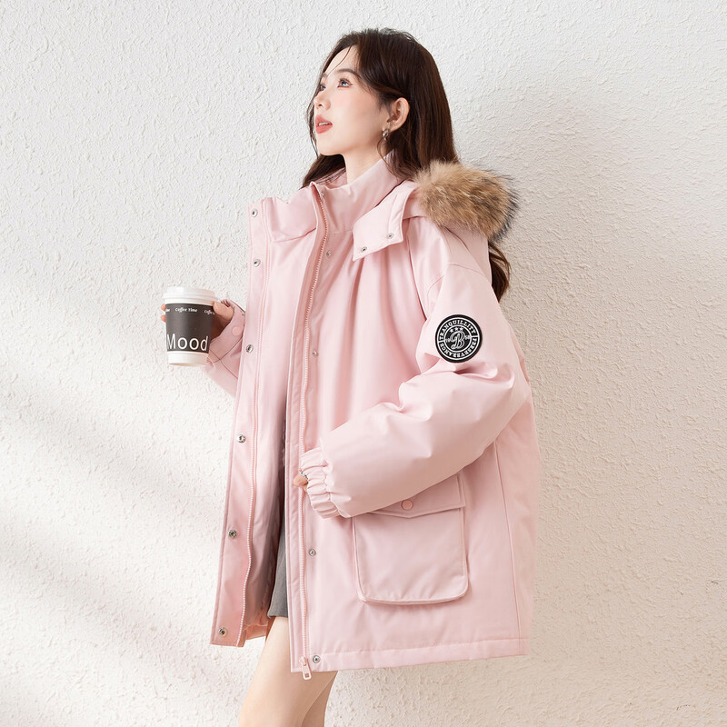 TonLion 2025 Winter Women's Left Sleeve Embroidered Badge Design Stand Tie Hat One-hand Long Down Jacket