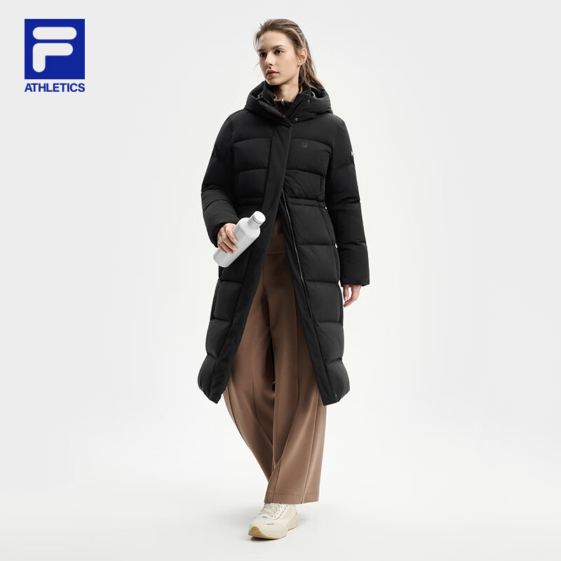 Fila Fila official women's long goose down down jacket 2025 winter new fitness sports warm hooded jacket dark black-BK M 165/84A/M