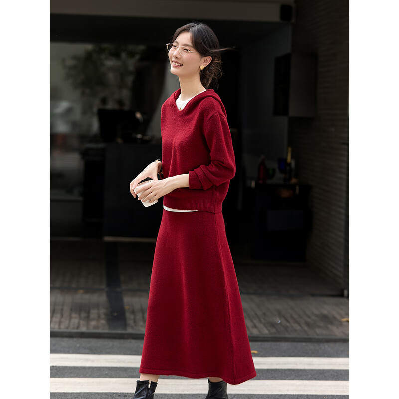 Fanximan Knitted Suit Women's Autumn New Hooded Knitwear A-Line Half-length Skirt Two-piece Set Millennium Red XL
