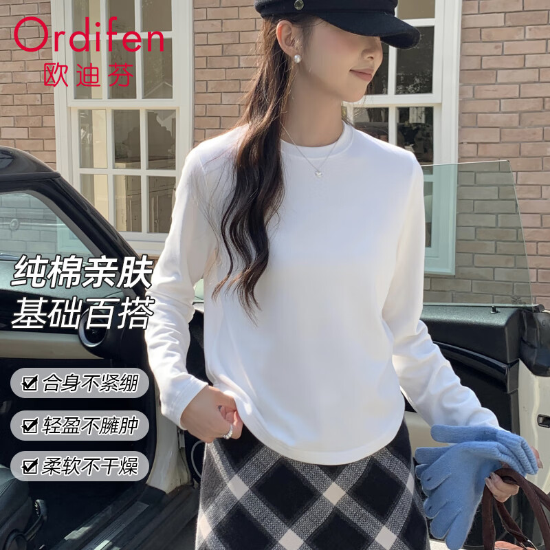Odyfen bottoming shirt for women 100% cotton autumn and winter comfortable and skin-friendly solid color round neck versatile long-sleeved T-shirt underwear white M