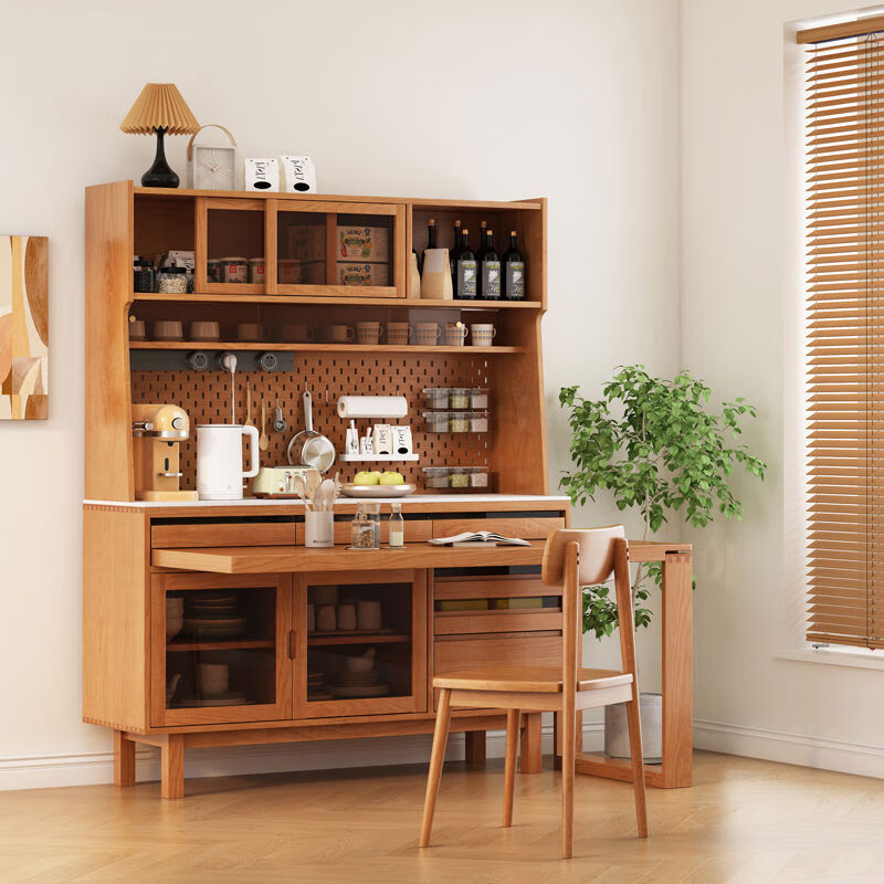 Jie Yu Mao solid wood sideboard rotating built-in sliding dining table integrated cabinet cherry wood wine cabinet living room wall storage cabinet living room 130 cherry wood table