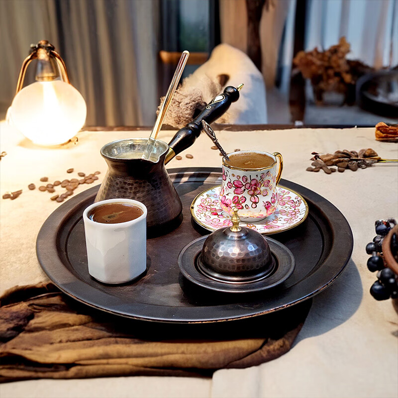 LOTURENK Turkish luxury handmade copper coffee pot, original imported handmade hammer-point brushed personalized creative mother-of-pearl wood handle, imported copper black handmade copper coffee pot 290ml