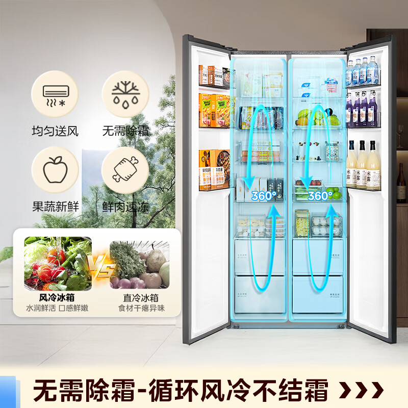 Midea 606-liter side-by-side refrigerator, first-class energy efficiency air-cooled, frost-free and odor-free, dual-frequency conversion, ultra-large capacity, large freezer BCD-606WKPM(E) national subsidy