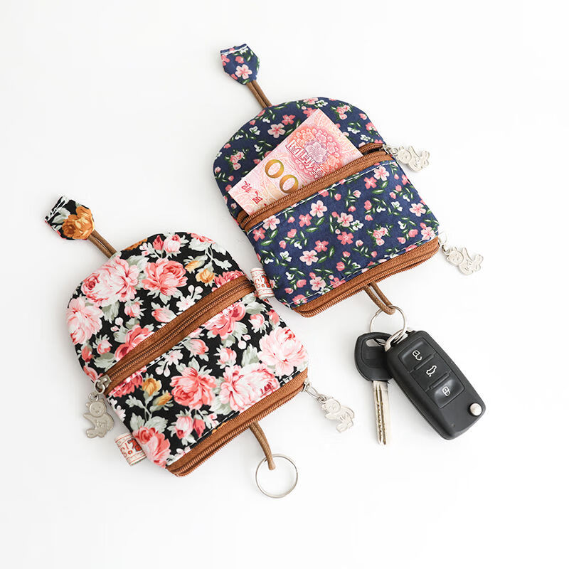 Large-capacity key bag with card slot for women, pull-out car multifunctional Japanese and Korean fabric cotton coin purse, fabric pineapple