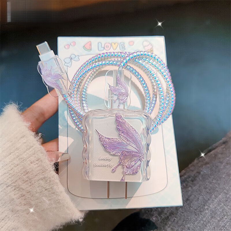 Ye Yu Purple Wings Half Butterfly Apple Charger Protective Cover 20w Data Cable Protective Cover Apple 17/16/15/14/13/12/11 Charging Cable Anti-Breaking Cute Niche Head Protection + Both End Protection + Line Protection Purple Wings Half Butterfly
