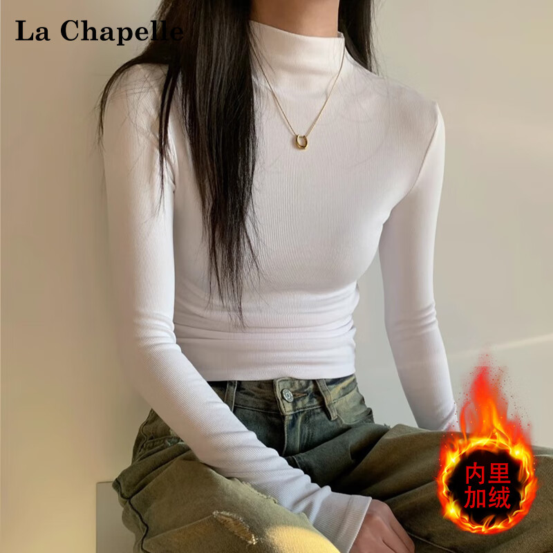 La Chapelle autumn and winter half turtleneck bottoming shirt long-sleeved T-shirt women's right shoulder brushed plus velvet slim waist top black L