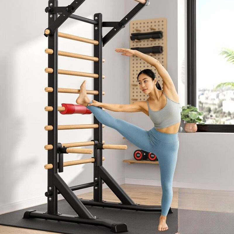Self-traveling human rib wood frame integrated trainer indoor punch-free household fitness equipment pull-up device dance leg press stretching bag upstairs milk white household horizontal bar + adjustable parallel bars