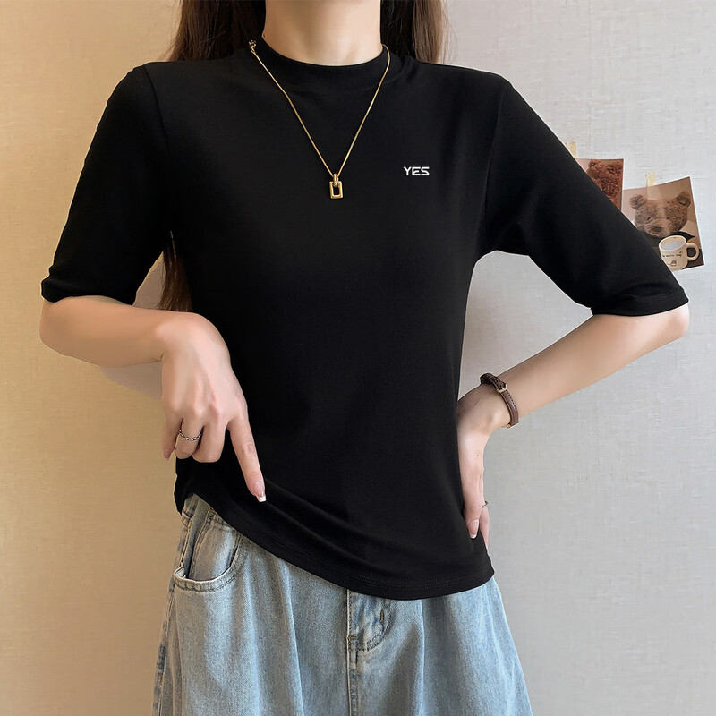 Yiershuang high-end early autumn new style stand-up collar women's inner wear mid-sleeve tops shoulder T-shirt temperament solid color bottoming shirt