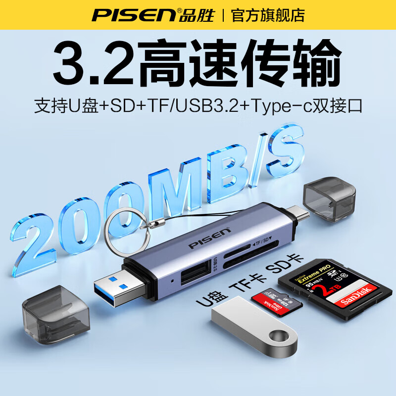 Pinsheng USB3.2 card reader U disk/SD/TF three-in-one card reader with USB expansion suitable for computer Apple 15/16 mobile phone/iPad camera monitoring storage memory card U disk