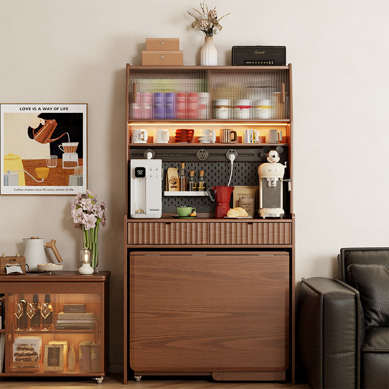 Pupan solid wood sideboard dining table integrated home small apartment wall cabinet high cabinet living room storage cabinet with foldable dining table 96CM sideboard walnut color