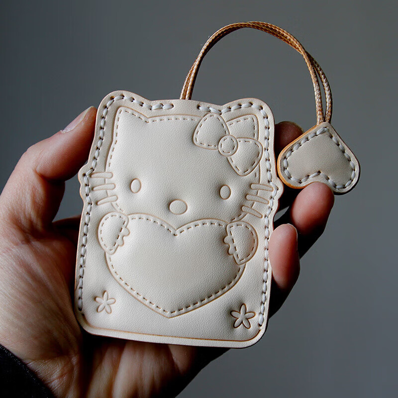 Handmade cowhide key bag pull-out genuine leather key cover cute KT cat key pendant key bag for women burgundy