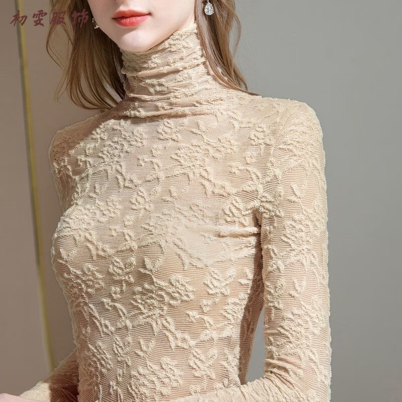 Mei'anjia Autumn and Winter New Fashionable and Western-style Turtleneck Bottoming Shirt for Women with Tight Lace Top, Versatile Long-sleeved T-shirt, Gray Green, Thin Section XL