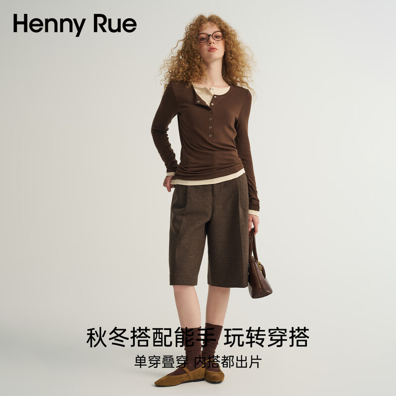 Henny Rue Women's Bottoming Shirt Women's Wool Design Fake Two-Piece Henry Collar Top Commuting Versatile Layer Long Sleeve Inner Maple Sugar Brown One Size