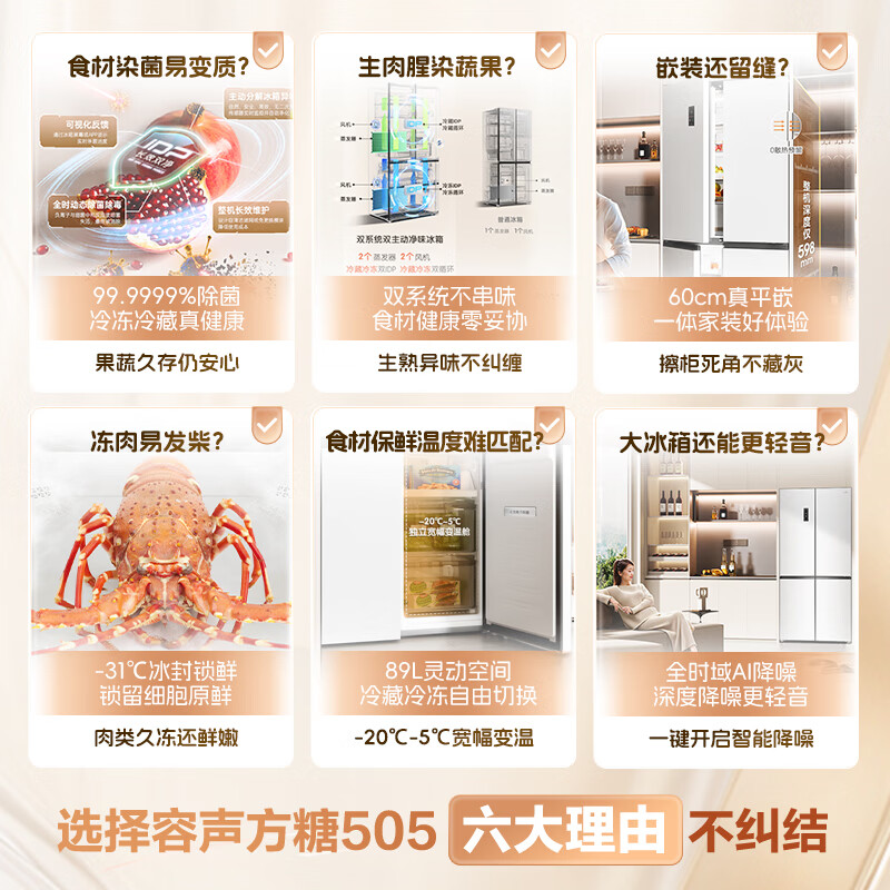 Rongsheng Cube Sugar 505 Cross Door Refrigerator Dual System Cycle Active Sterilization Ultra-Thin Embedded Level One Energy Efficiency Frost-Free White BCD-505P60CZMAD National Subsidy World Cup BCD-505P60CZMAD White National Subsidy