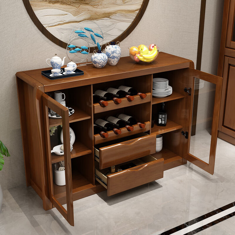 He Jiagong solid wood sideboard multi-functional wall wine cabinet modern living room dining room office tea cabinet storage rack storage cabinet walnut color 1.3 meters (self-installation)