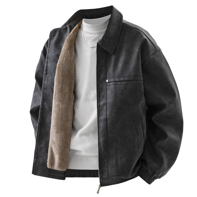 Homlean velvet thickened PU leather jacket men's autumn and winter trendy brand warm motorcycle leather jacket HR24 brown XL