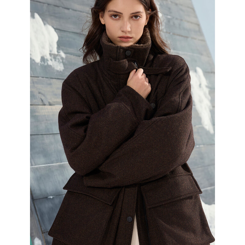 ELLE90 White Duck Down Retro Woolen Down Jacket Women's 2025 Winter New Design Sheep Wool New Year's Long Jacket Brown M