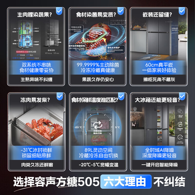 Rongsheng Tangtang 505L Cross Door Refrigerator Dual System Dual Cycle Active Sterilization Ultra-Thin Zero Embedded Household Level One Energy Efficiency BCD-505P60CZMAD Gray National Subsidy World Cup 60cm True Zero Embedded Bottom Cooling Active Sterilization 2.0