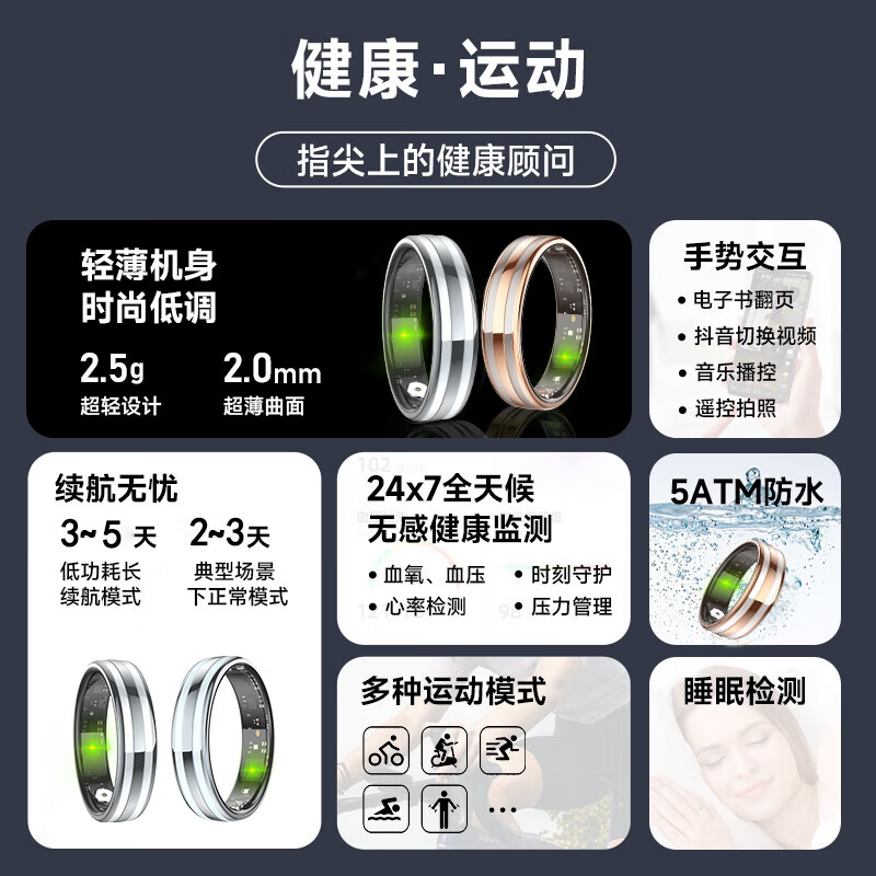 CH gesture page turning heart rate and blood pressure all-weather monitoring smart ring blood oxygen sleep pressure blood sugar record sports health smart ring ring waterproof gift recommendation
