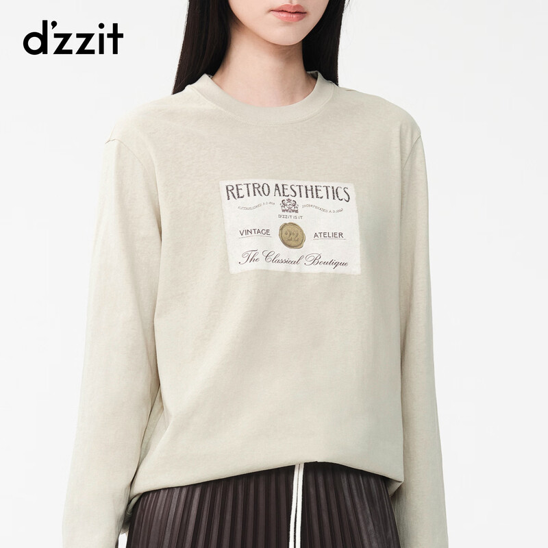 DZZIT long-sleeved T-shirt 2026 spring new style simple retro printed round neck loose top for women 3K1BA079J light khaki XS