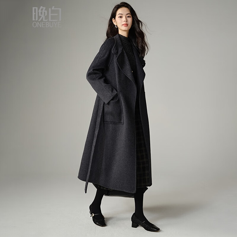 Late white, loose-fitting, relaxed wool coat, winter lace-up design, warm long coat for women, carbon gray M