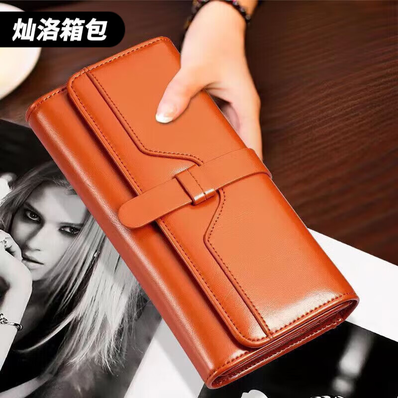 Ye Yu Ms. Wallet Long Oil Wax Leather Fashion Buckle Three-fold Solid Color Women's Multi-Card Slot Card Holder Simple Folding Wallet Pink