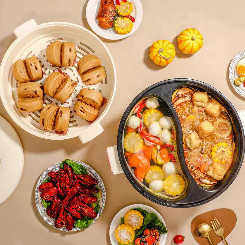 Skingcond German Yuanyang Electric Hot Pot Large Capacity Household All-in-one Yuanyang Pot Independent Temperature Control Multifunctional Non-stick Electric Cooking Pot 5.5L Bilateral Independent Temperature Control Yuanyang Pot Suitable for 2-5 People 1 Inch