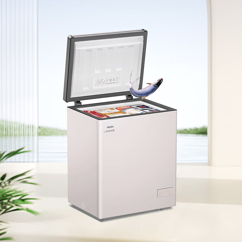 Haier air-cooled frost-free freezer household commercial freezer full freezer fresh-keeping refrigerator single temperature zone single door first-level energy efficiency power-saving quick-freezing horizontal freezer deep-cooling small refrigerator 132L pink holds 185 pounds of meat air-cooled frost-free
