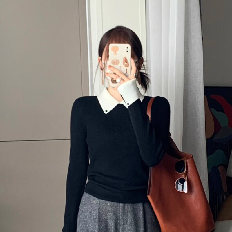 Black Polo collar fake two-piece knitted bottoming shirt for women in autumn and winter, slim-fitting short sweater with elegant long-sleeved top, navy blue, one size fits all