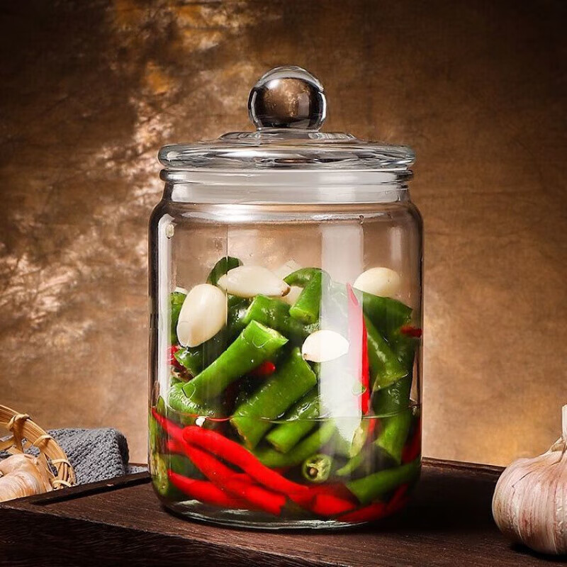 Panxudou thickened glass pickle jar household sealed salty pickled vegetable jar Sichuan pickled vegetable jar chili sauce Laba garlic pickled wine jar 6 catties (pickle sticker + clip + brush)